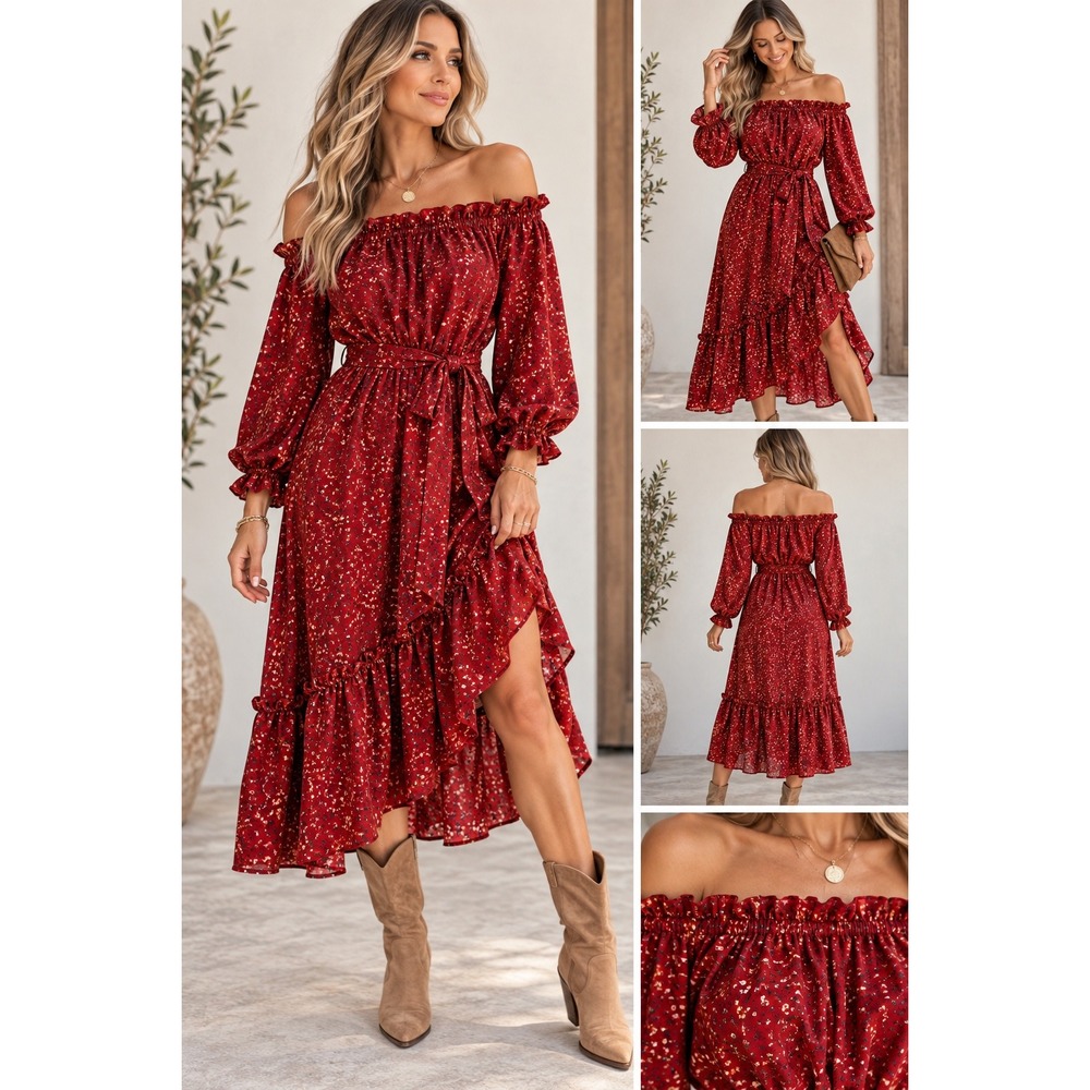 L Love Burgundy Floral Off Shoulder Ruffle Midi Dress Long Sleeve Sz L boho